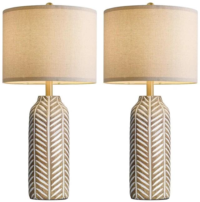 Alt view image 5 of 6 - 26" Farmhouse Table Lamps Set of 2 - Vintage Leaf Design, Rustic Resin Nightstand Lamps for Bedroom, Living Room, Nursery, Hallway, Elegant Living Room Lamps with Linen Shades Antique Brown