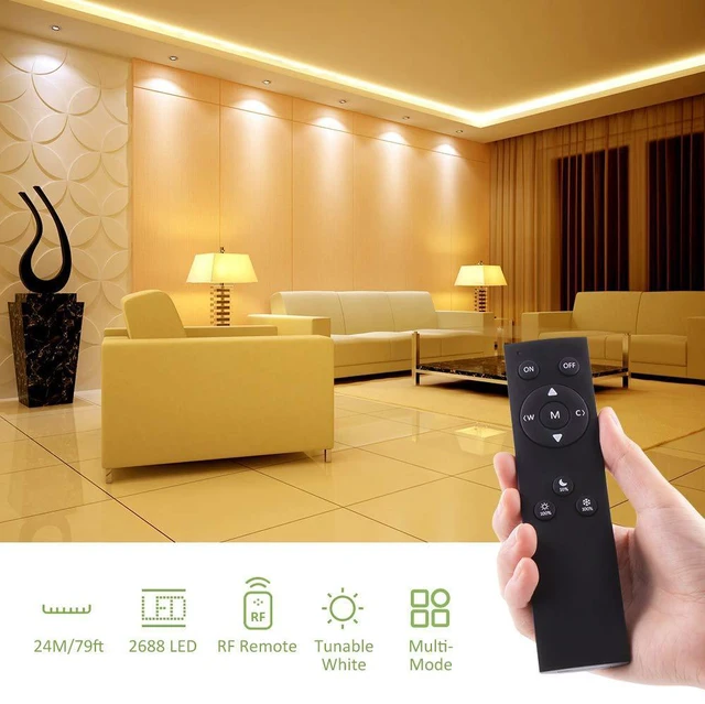 Alt view image 4 of 7 - 79ft(2rolls) Tunable White LED Strip Light Dimmable 3000K-6500K RF Remote Daylight Warm White Flexible Tape Ribbon for Cabinet Stage Bedroom Party Kitchen Stair Living Room Ceiling Bar