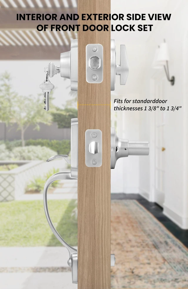Alt view image 3 of 7 - Front Door Handle and Deadbolt Set, Brushed Nickel Front Door Lock Set with Reversible Handle Lever, Classic Front Door Hardware, Single Cylinder Front Door Entry Lock