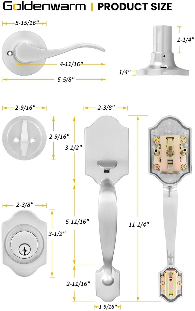 Alt view image 5 of 7 - Front Door Handle and Deadbolt Set, Brushed Nickel Front Door Lock Set with Reversible Handle Lever, Classic Front Door Hardware, Single Cylinder Front Door Entry Lock