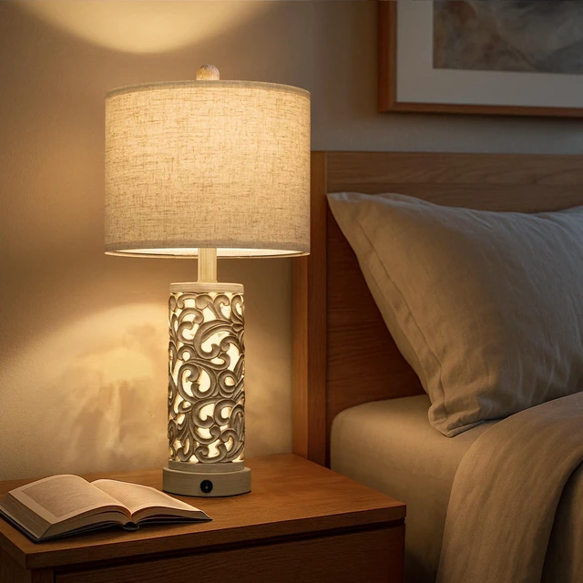 Alt view image 2 of 7 - 22'' Farmhouse Table Lamp for Living Room, Bedside Lamp with 2 USB Ports for Bedroom, Rustic Nightstand Lamp with Linen Lampshade for Office Hallway Home Decor, Distressed Grey (Bulb Included)