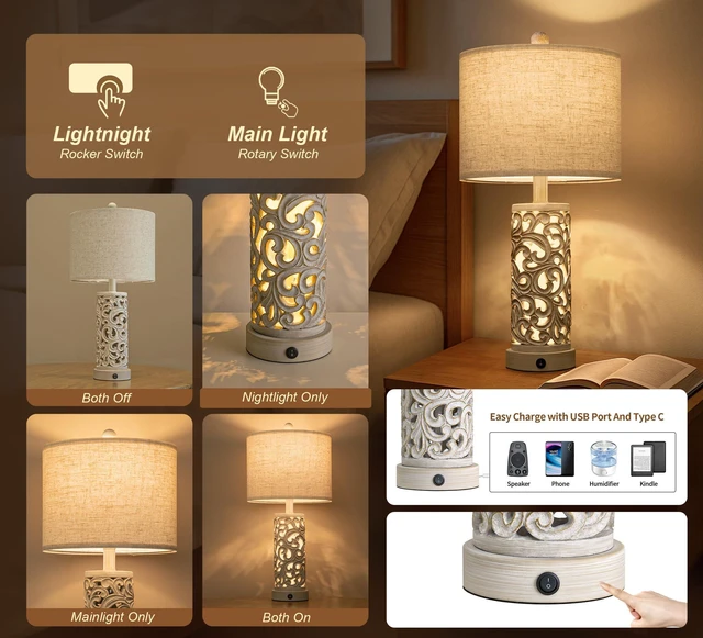Alt view image 3 of 7 - 22'' Farmhouse Table Lamp for Living Room, Bedside Lamp with 2 USB Ports for Bedroom, Rustic Nightstand Lamp with Linen Lampshade for Office Hallway Home Decor, Distressed Grey (Bulb Included)