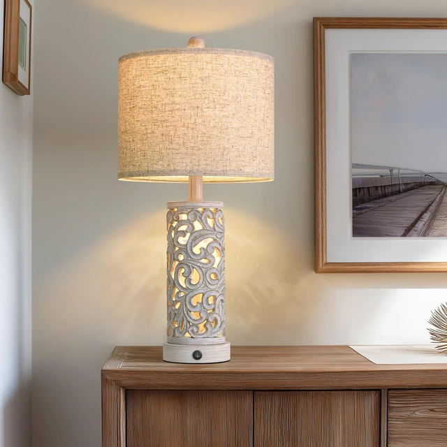 Alt view image 6 of 7 - 22'' Farmhouse Table Lamp for Living Room, Bedside Lamp with 2 USB Ports for Bedroom, Rustic Nightstand Lamp with Linen Lampshade for Office Hallway Home Decor, Distressed Grey (Bulb Included)