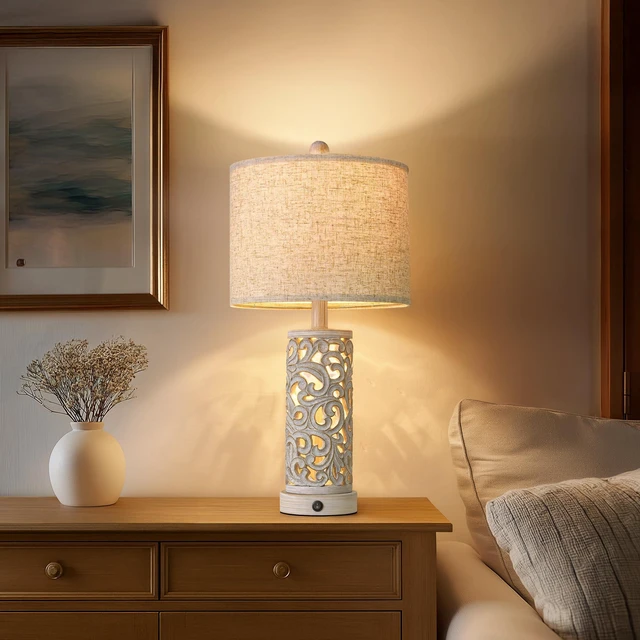 Alt view image 5 of 7 - 22'' Farmhouse Table Lamp for Living Room, Bedside Lamp with 2 USB Ports for Bedroom, Rustic Nightstand Lamp with Linen Lampshade for Office Hallway Home Decor, Distressed Grey (Bulb Included)