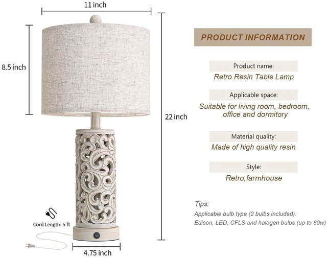 Alt view image 7 of 7 - 22'' Farmhouse Table Lamp for Living Room, Bedside Lamp with 2 USB Ports for Bedroom, Rustic Nightstand Lamp with Linen Lampshade for Office Hallway Home Decor, Distressed Grey (Bulb Included)