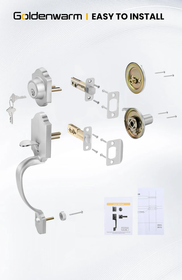 Alt view image 7 of 7 - Front Door Handle and Deadbolt Set, Brushed Nickel Front Door Lock Set with Reversible Handle Lever, Classic Front Door Hardware, Single Cylinder Front Door Entry Lock