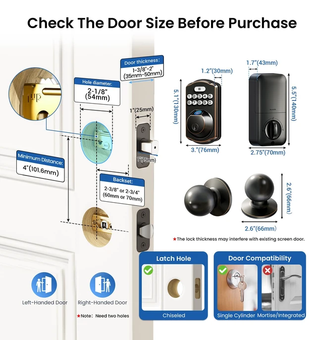 Alt view image 6 of 7 - KS02C Fingerprint Deadbolt Door Lock with Knob Set, Oil Rubbed Bronze Auto Lock, Electronic Backlit Keypad, BHMA/ANSI Grade 3, Anti-Peep Code, Low Battery Alert, Keyless Entry for Front Door