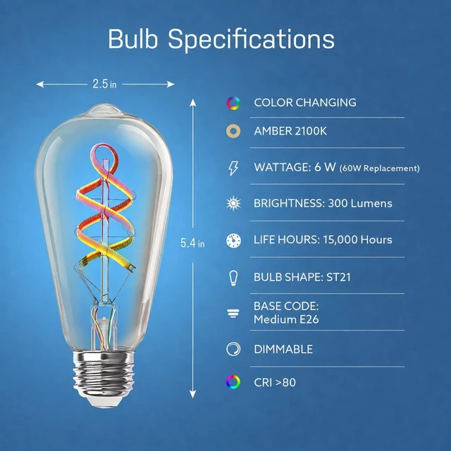 Alt view image 2 of 7 - ST21 LED Smart LED Light Bulb, 60W Eq, RGB Color Changing 2100K Amber, Tunable White, 2.4GHz Wi-Fi, App/Voice Control, Works with Alexa/Google Asst, Ideal for Decorative Fixtures