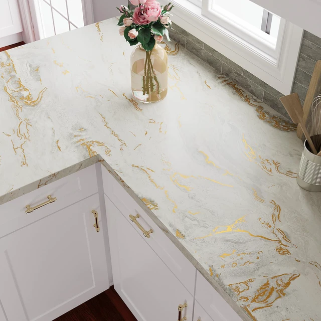 Alt view image 2 of 7 - Luxurious Matte Marble Countertop Contact Paper Waterproof Counter Top Peel and Stick Beige Gold Marble Contact Paper for Countertops 24''x354'' Self Adhesive Countertop Wallpaper for Kitchen