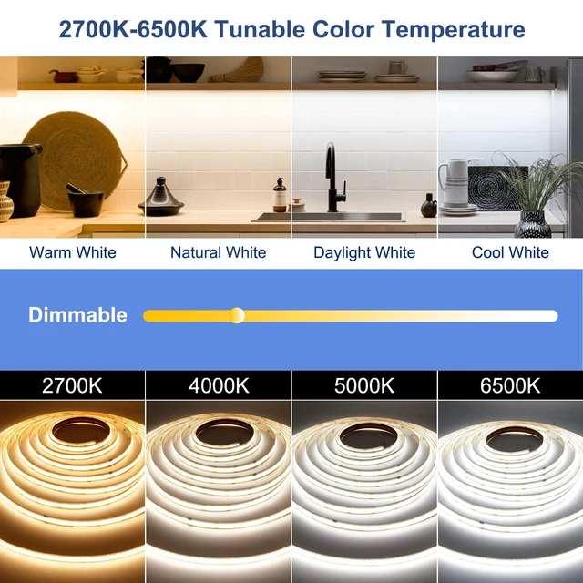 Alt view image 3 of 6 - CCT COB LED Strip Lights, 49ft Dimmable 2700K-6500K 24V Tunable White LED Light Strip Kit, High Density CRI 90+ LED Strips with Remote Controller and Power Supply, for Bedroom Kitchen Home Lighting