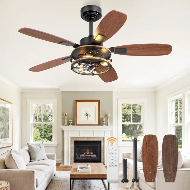 Main image of Farmhouse 42 Inch Ceiling Fan with Light and Remote, Black Industrial Caged Flush Mount Ceiling Fans with 6 Speed Reversible Motor and Dual Finish 5 Blades, for Living room, Bedroom