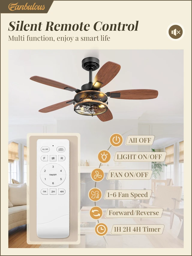 Alt view image 2 of 7 - Farmhouse 42 Inch Ceiling Fan with Light and Remote, Black Industrial Caged Flush Mount Ceiling Fans with 6 Speed Reversible Motor and Dual Finish 5 Blades, for Living room, Bedroom