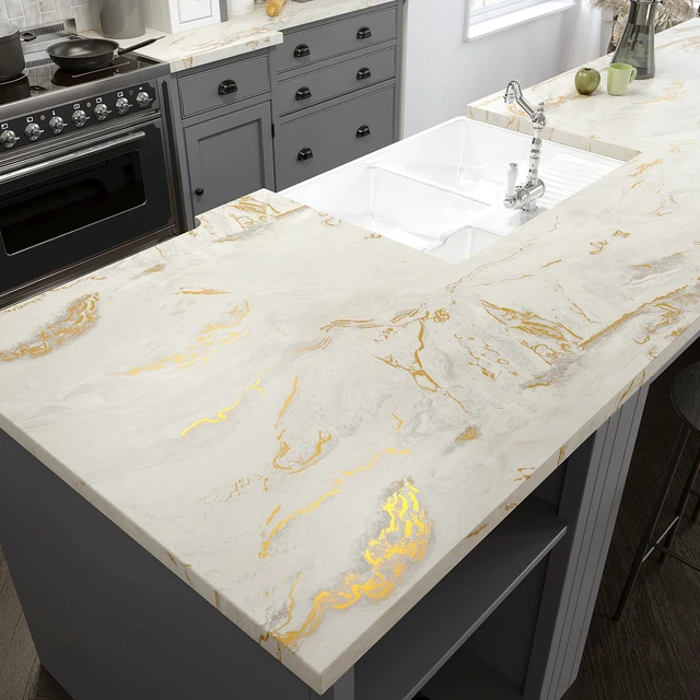 Alt view image 3 of 7 - Luxurious Matte Marble Countertop Contact Paper Waterproof Counter Top Peel and Stick Beige Gold Marble Contact Paper for Countertops 24''x354'' Self Adhesive Countertop Wallpaper for Kitchen