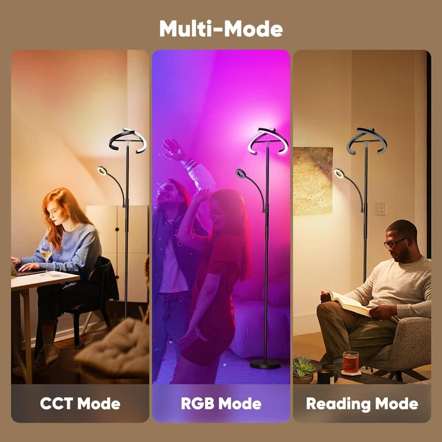Alt view image 4 of 7 - Upgraded 36W RGBCW Floor Lamp with Ring Reading Lamp, Rotatable Remote Control LED Standing Lamp Dimmable Floor Light Modern Standing Light for Living Room Bedroom Home Office, Black