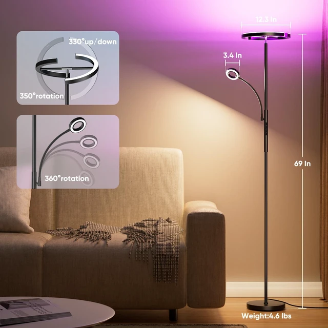 Alt view image 2 of 7 - Upgraded 36W RGBCW Floor Lamp with Ring Reading Lamp, Rotatable Remote Control LED Standing Lamp Dimmable Floor Light Modern Standing Light for Living Room Bedroom Home Office, Black