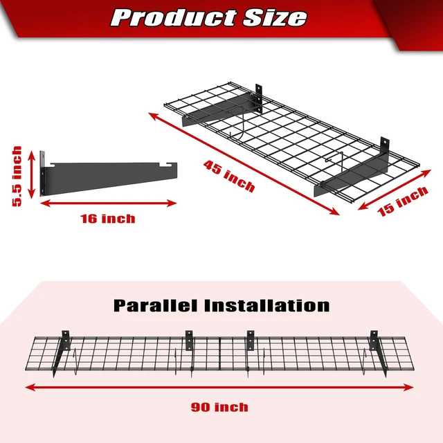 Alt view image 2 of 7 - 2-Pack Wall Mount Shelves, 45x15 in Wall Mounted Storage Shelves Heavy Duty, for Garage, Wall Floating Shelf, Holds up to 220 lbs, Black