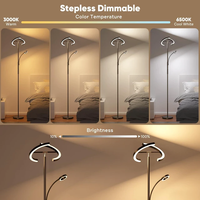 Alt view image 5 of 7 - Upgraded 36W RGBCW Floor Lamp with Ring Reading Lamp, Rotatable Remote Control LED Standing Lamp Dimmable Floor Light Modern Standing Light for Living Room Bedroom Home Office, Black