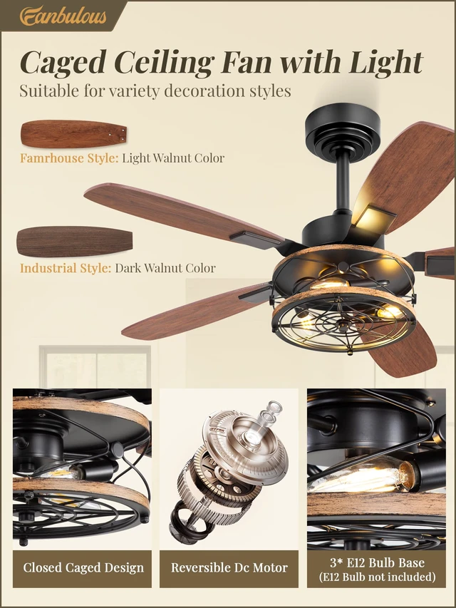 Alt view image 3 of 7 - Farmhouse 42 Inch Ceiling Fan with Light and Remote, Black Industrial Caged Flush Mount Ceiling Fans with 6 Speed Reversible Motor and Dual Finish 5 Blades, for Living room, Bedroom