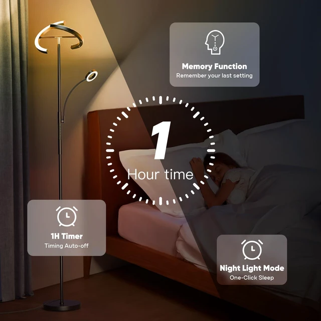 Alt view image 7 of 7 - Upgraded 36W RGBCW Floor Lamp with Ring Reading Lamp, Rotatable Remote Control LED Standing Lamp Dimmable Floor Light Modern Standing Light for Living Room Bedroom Home Office, Black