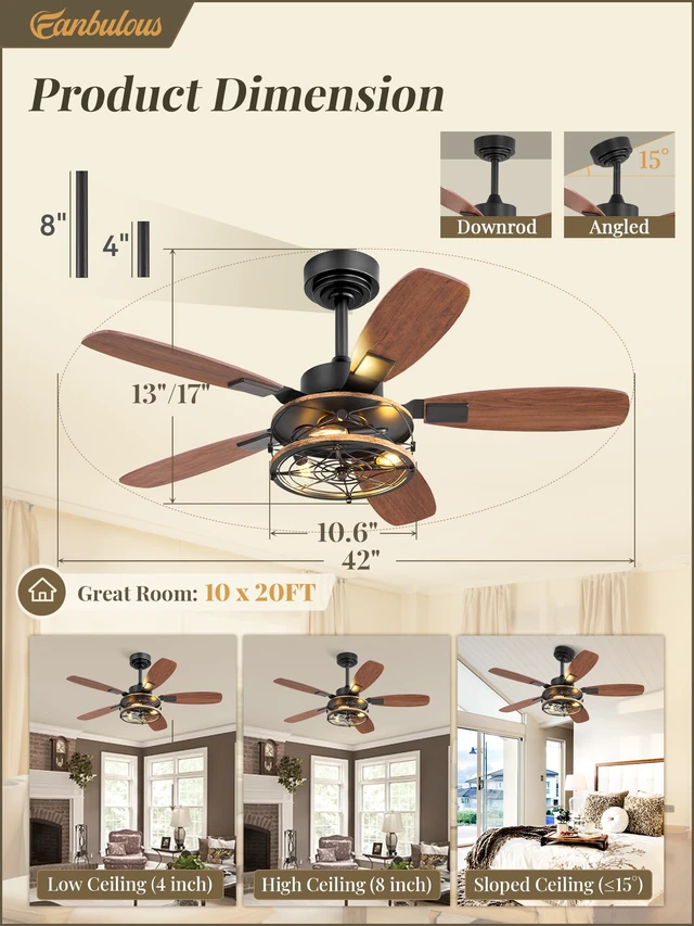 Alt view image 5 of 7 - Farmhouse 42 Inch Ceiling Fan with Light and Remote, Black Industrial Caged Flush Mount Ceiling Fans with 6 Speed Reversible Motor and Dual Finish 5 Blades, for Living room, Bedroom