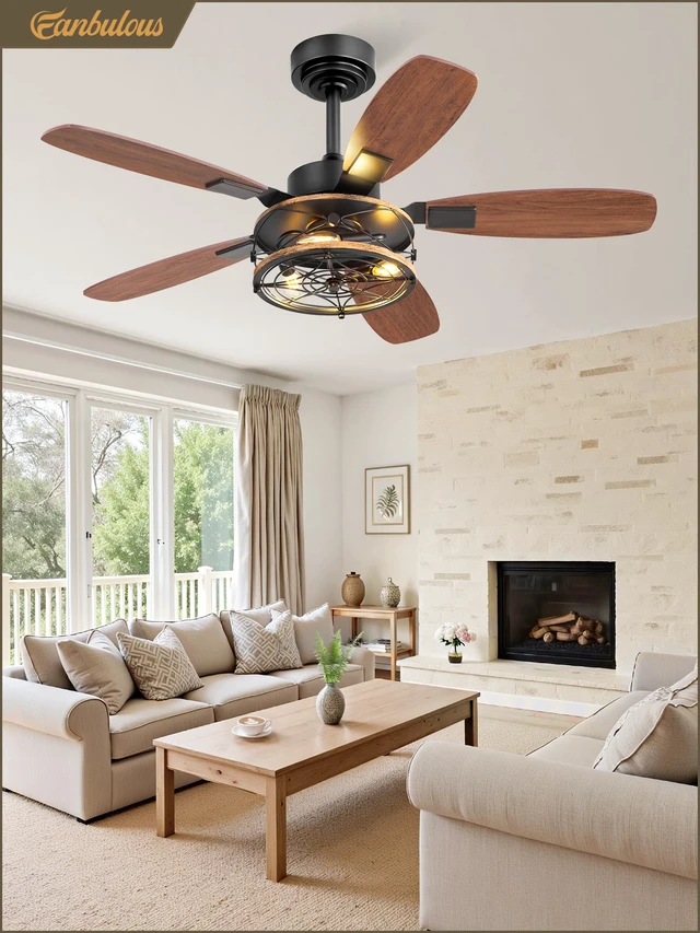 Alt view image 7 of 7 - Farmhouse 42 Inch Ceiling Fan with Light and Remote, Black Industrial Caged Flush Mount Ceiling Fans with 6 Speed Reversible Motor and Dual Finish 5 Blades, for Living room, Bedroom