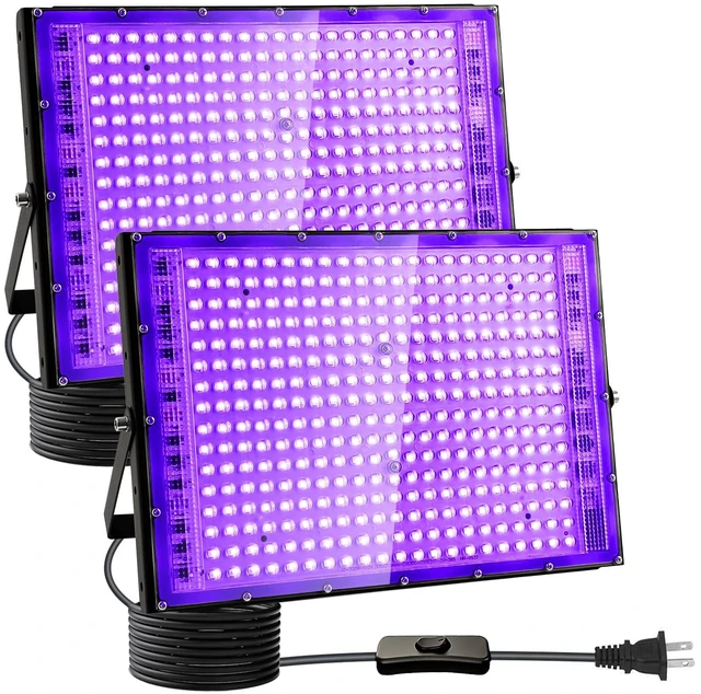 Main image of 2 Pack 300W Black Lights, Blacklight Flood Light with Plug and Switch,for Glow Party, Black Light Party, Halloween, Body Paint, Neon Glow, Fluorescent Poster, Stage Lighting