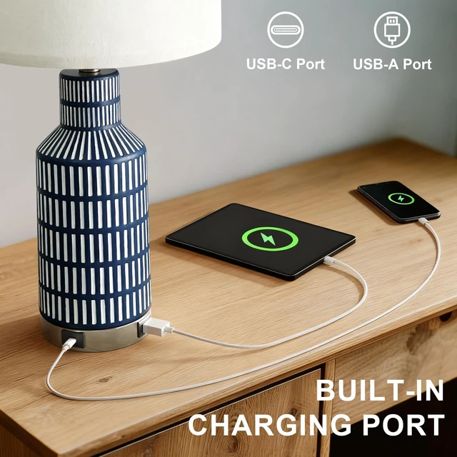 Alt view image 2 of 7 - 25" Modern 3-Way Dimmable Touch Control with USB A+C Ceramic Lamps Set of 2 Table Lamp for Living Room Bedroom Farmhouse Nightstand Bedside Blue