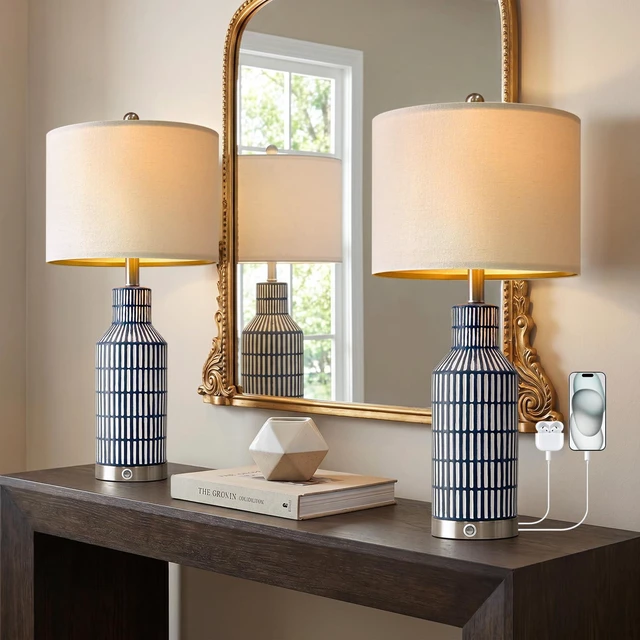 Main image of 25" Modern 3-Way Dimmable Touch Control with USB A+C Ceramic Lamps Set of 2 Table Lamp for Living Room Bedroom Farmhouse Nightstand Bedside Blue