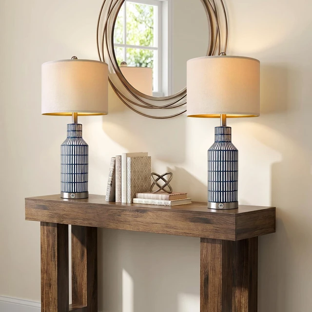 Alt view image 4 of 7 - 25" Modern 3-Way Dimmable Touch Control with USB A+C Ceramic Lamps Set of 2 Table Lamp for Living Room Bedroom Farmhouse Nightstand Bedside Blue