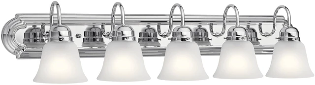Main image of 5-Light Bathroom Vanity Light, Tannery Bronze Traditional vanity light with satin etched glass for bathroom mirrors (36" x 8" x 8"), 5339CHS