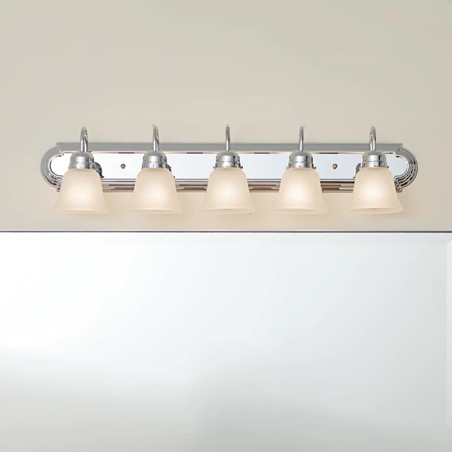 Alt view image 2 of 7 - 5-Light Bathroom Vanity Light, Tannery Bronze Traditional vanity light with satin etched glass for bathroom mirrors (36" x 8" x 8"), 5339CHS