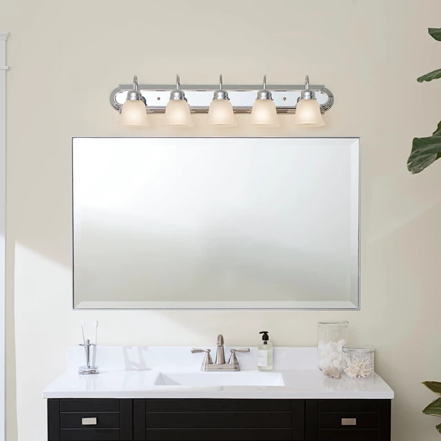 Alt view image 7 of 7 - 5-Light Bathroom Vanity Light, Tannery Bronze Traditional vanity light with satin etched glass for bathroom mirrors (36" x 8" x 8"), 5339CHS