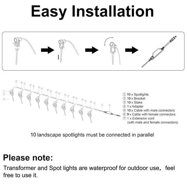 Alt view image 6 of 7 - 10 Pack Outdoor Landscape Lights with Transformer, LED Spotlights Low Voltage Yard Lighting, Extendable Landscape Ground Lights, IP65 Waterproof Outdoor Spot Lights for Garden, Trees & House