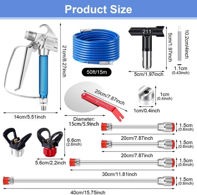 Alt view image 5 of 7 - 22Pcs Airless Paint Sprayer Gun Kit & 50Ft x 1/4 NPT Hose, 3600PSI with 6 Reversible Spray Tips, 4 Extension Wands, 6Pcs Filters & Guide Tool, Spray Gun for Painting Fits Most Sprayers