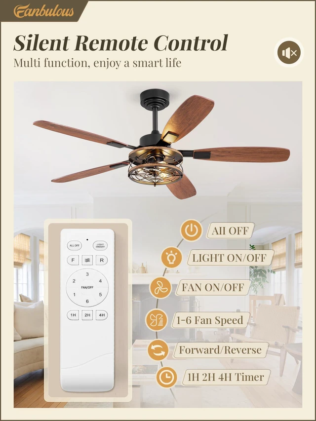 Alt view image 2 of 7 - 52 Inch Farmhouse Ceiling Fan with Light and Remote, Black Industrial Caged Flush Mount Ceiling Fans with 6 Speed Reversible Motor and Dual Finish 5 Blades, Rustic Ceiling Fan for Living room, Bedroom