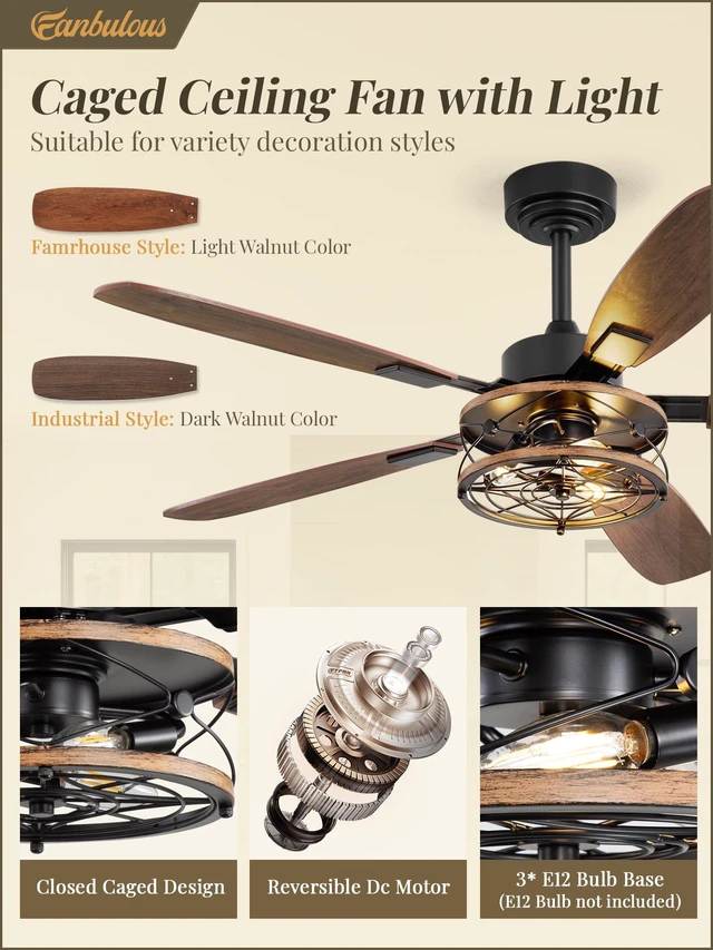 Alt view image 3 of 7 - 52 Inch Farmhouse Ceiling Fan with Light and Remote, Black Industrial Caged Flush Mount Ceiling Fans with 6 Speed Reversible Motor and Dual Finish 5 Blades, Rustic Ceiling Fan for Living room, Bedroom