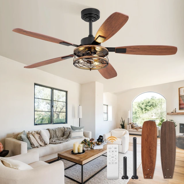 Main image of 52 Inch Farmhouse Ceiling Fan with Light and Remote, Black Industrial Caged Flush Mount Ceiling Fans with 6 Speed Reversible Motor and Dual Finish 5 Blades, Rustic Ceiling Fan for Living room, Bedroom