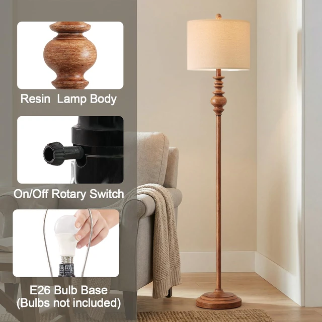 Alt view image 2 of 7 - 64.25" Rustic Floor Lamp for Living Room, Tall Antique Brown Standing Lamp with Rotary Switch, Vintage Reading Lamp for Bedroom, Office & Study, Farmhouse Home Decor Corner Lamp