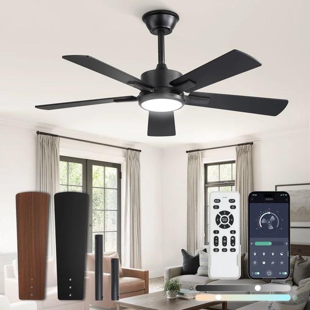 Main image of 42 Inch Ceiling Fans with Light, Black, Remote & APP Control Stepless CCT & Dimmable, 20W LED, 6-Speed, Timer, Reversible Quiet DC Motor, Quick Setup, for Bedroom, Living Room, Apartment