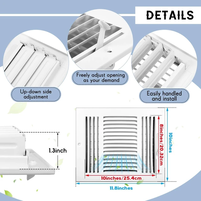 Alt view image 3 of 7 - 6 Pack Wall Vent Covers Interior Size 10 X 8 Inch, White Steel 3 Way Adjustable Air Flow, Steel Construction for Ceiling Sidewall Bathroom Office HVAC, Durable Register Grilles