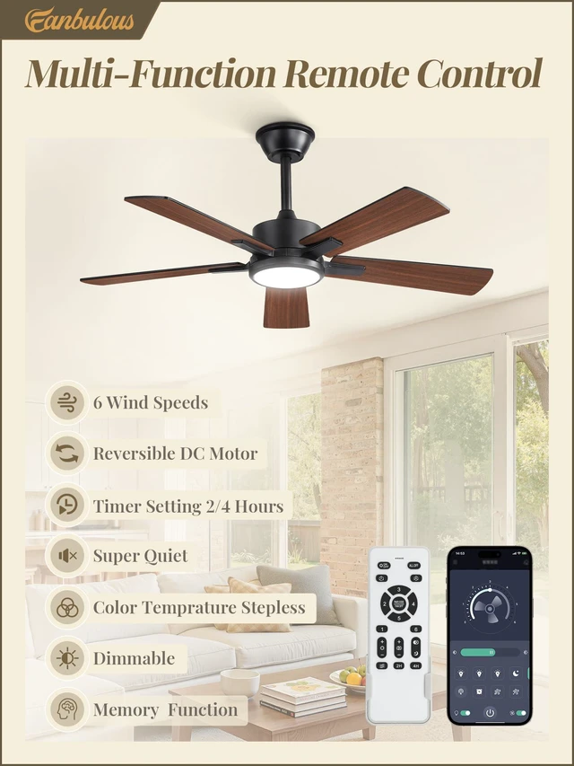 Alt view image 4 of 7 - 42 Inch Ceiling Fans with Light, Black, Remote & APP Control Stepless CCT & Dimmable, 20W LED, 6-Speed, Timer, Reversible Quiet DC Motor, Quick Setup, for Bedroom, Living Room, Apartment