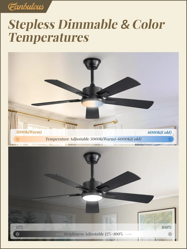 Alt view image 3 of 7 - 42 Inch Ceiling Fans with Light, Black, Remote & APP Control Stepless CCT & Dimmable, 20W LED, 6-Speed, Timer, Reversible Quiet DC Motor, Quick Setup, for Bedroom, Living Room, Apartment