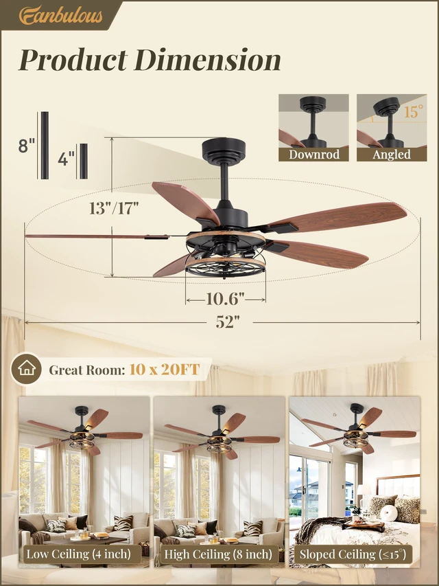 Alt view image 5 of 7 - 52 Inch Farmhouse Ceiling Fan with Light and Remote, Black Industrial Caged Flush Mount Ceiling Fans with 6 Speed Reversible Motor and Dual Finish 5 Blades, Rustic Ceiling Fan for Living room, Bedroom