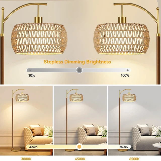 Alt view image 2 of 7 - Boho Floor Lamp for Living Room,Bedroom,Rattan Standing Lamp with Remote Dimmable,Wood Vintage Mid Century Modern Gold Tall Lamp Wicker Lamp Shade Floor Lights Bohemian Tiffany Style