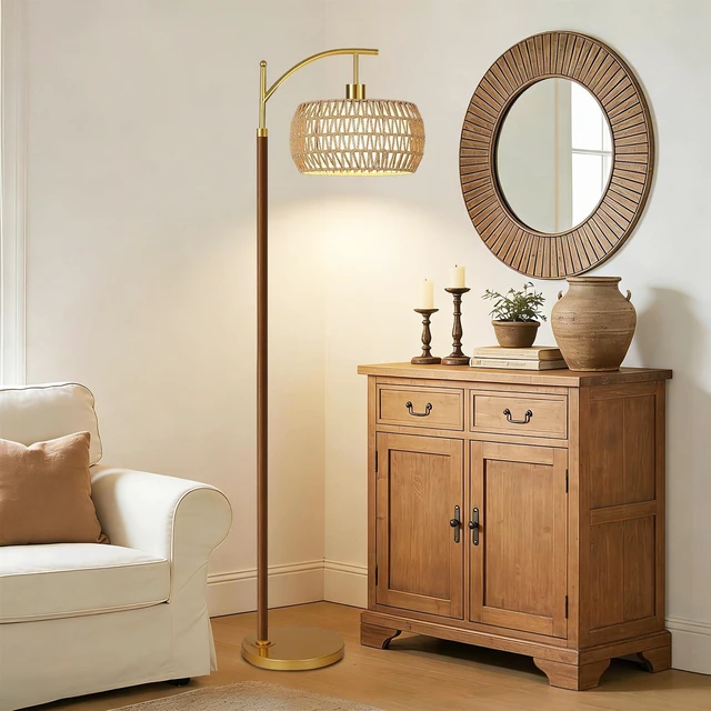 Alt view image 3 of 7 - Boho Floor Lamp for Living Room,Bedroom,Rattan Standing Lamp with Remote Dimmable,Wood Vintage Mid Century Modern Gold Tall Lamp Wicker Lamp Shade Floor Lights Bohemian Tiffany Style