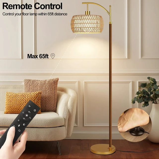 Alt view image 4 of 7 - Boho Floor Lamp for Living Room,Bedroom,Rattan Standing Lamp with Remote Dimmable,Wood Vintage Mid Century Modern Gold Tall Lamp Wicker Lamp Shade Floor Lights Bohemian Tiffany Style