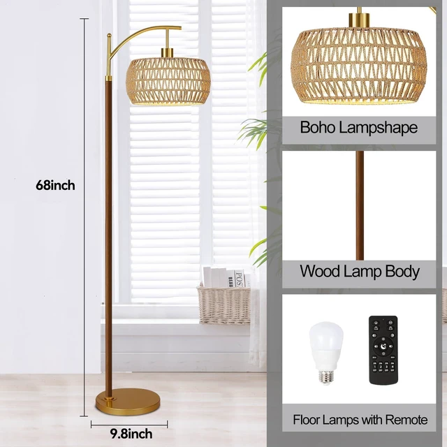 Alt view image 5 of 7 - Boho Floor Lamp for Living Room,Bedroom,Rattan Standing Lamp with Remote Dimmable,Wood Vintage Mid Century Modern Gold Tall Lamp Wicker Lamp Shade Floor Lights Bohemian Tiffany Style