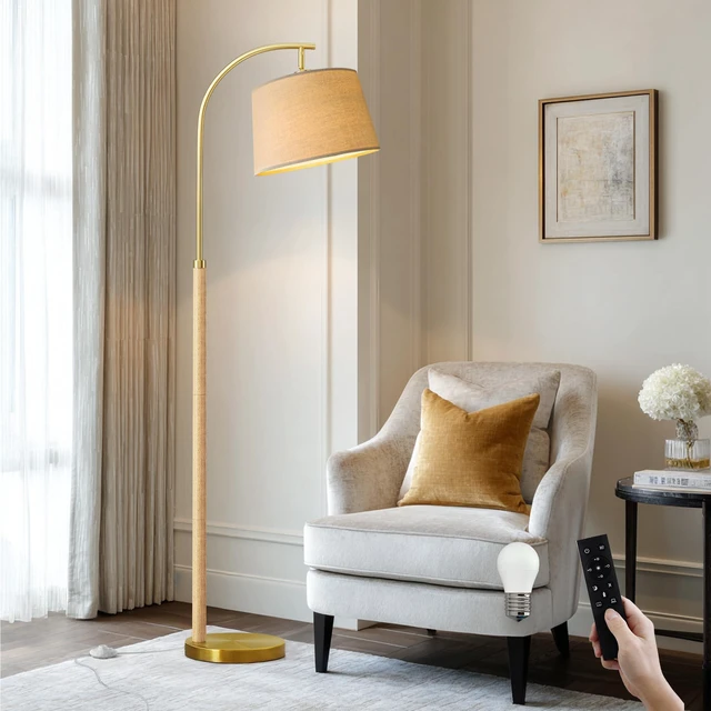Main image of Real Wood Floor Lamps for Living Room Bedroom, 62" Mid Century Modern Lamp Dimmable Remote 3 Color Temperature, 9W Bulb Included, Foot Switch, Natural Wood Mcm Arc Standing Tall Lamp Nursery Reading
