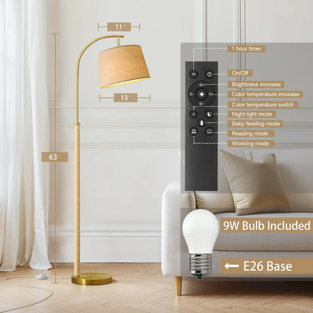 Alt view image 5 of 7 - Real Wood Floor Lamps for Living Room Bedroom, 62" Mid Century Modern Lamp Dimmable Remote 3 Color Temperature, 9W Bulb Included, Foot Switch, Natural Wood Mcm Arc Standing Tall Lamp Nursery Reading