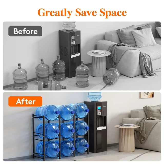 Alt view image 3 of 7 - 5 Gallon Water Jug Holder, 3 Tier Heavy Duty Water Dispenser Stand 9 Slots Water Bottle Storage Rack for Gallon Jugs, 126 lb Capacity Detachable Water Shelf Organizer for Home, Office, Black